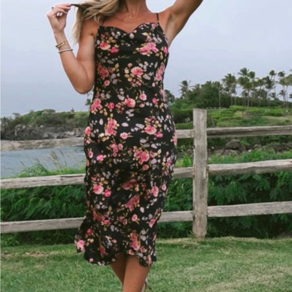 Baltic Born Satin Midi Dress | Black Rose Floral